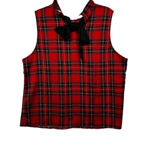 J.Crew Womens Red Stewart Plaid Ruffle Neck Bow Back Sleeveless‎ Top L